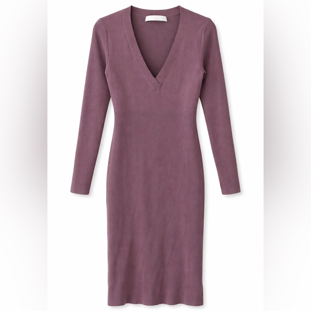 Dion Lee Shadow Rib Knit Bodycon V-Neck Midi Dress Mauve Sz 8